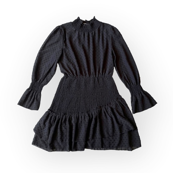 Goodnight Macaroon Mini Dress Textured Tiered Shirred Hips Black Crepe Dots 6 - Picture 2 of 10